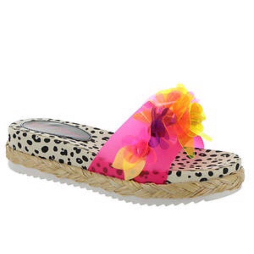 Lightly worn Betsey Johnson Marge Neon Floral Polka Dot Sandals size 8.5 no box